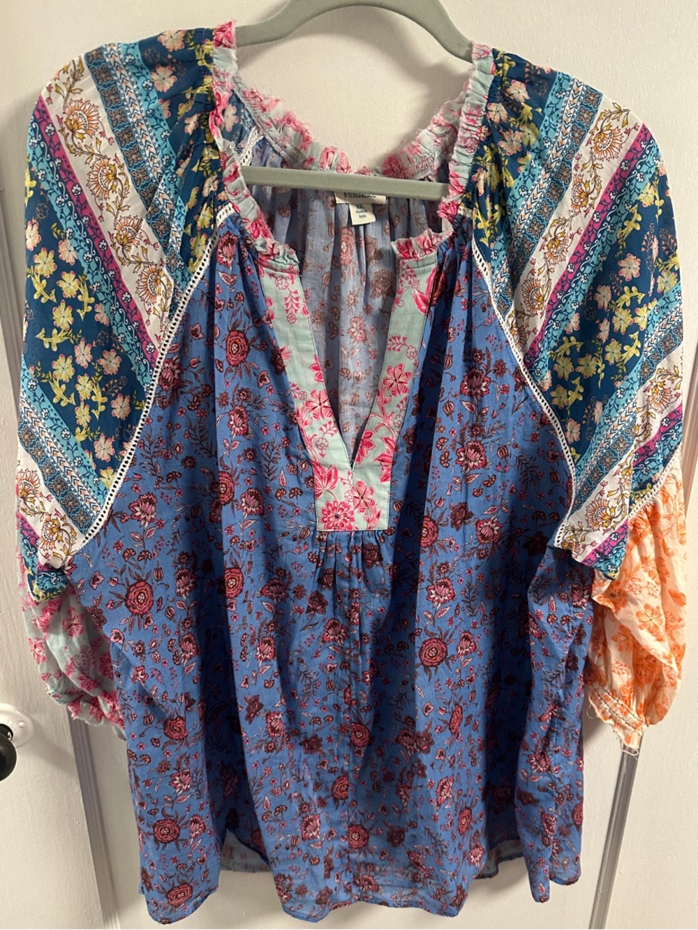 Sundance Blue Floral Patchwork V-Neck Tunic with Multi-Color Sleeves